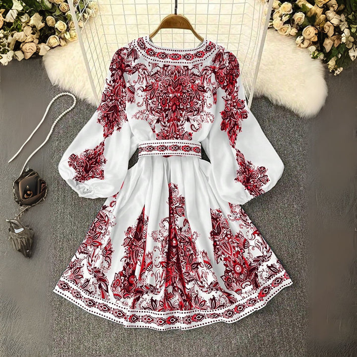 Boho Print Belted V-Neck Dress