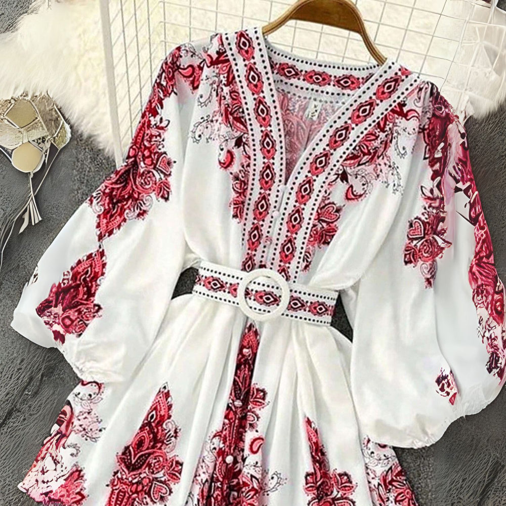 Boho Print Belted V-Neck Dress