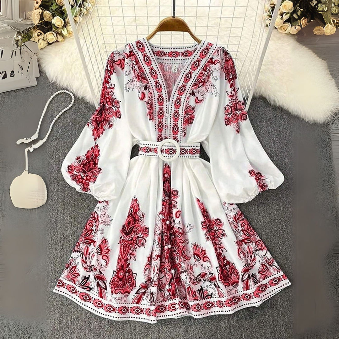 Boho Print Belted V-Neck Dress