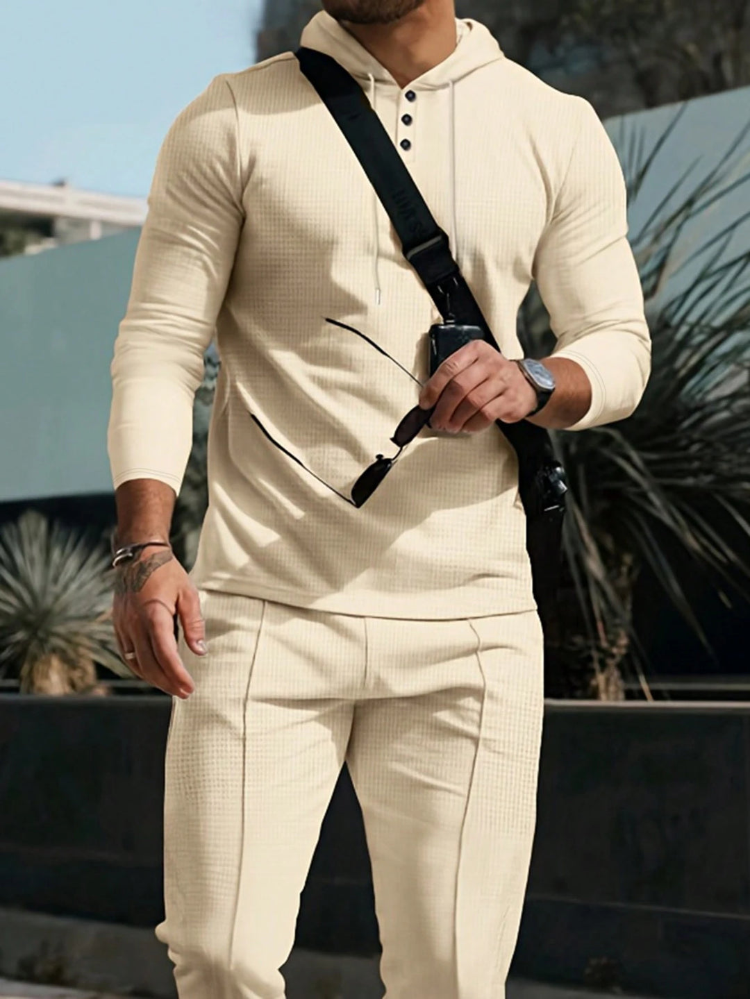 Men's Check Pattern Hooded Tracksuit Set