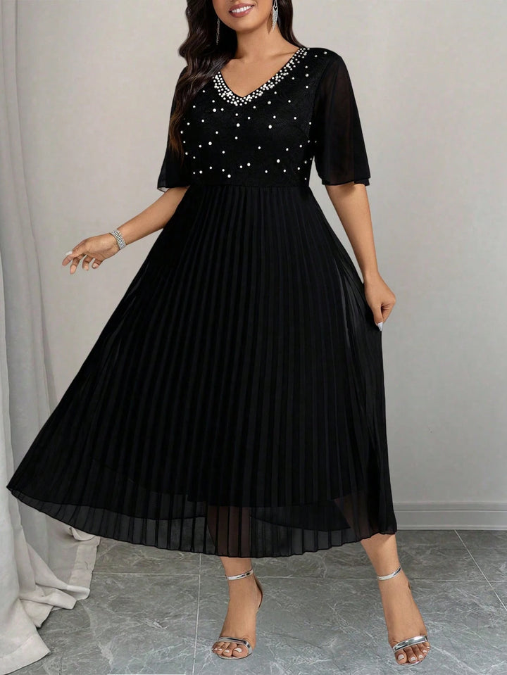 Elegant Faux Pearl Pleated Midi Dress