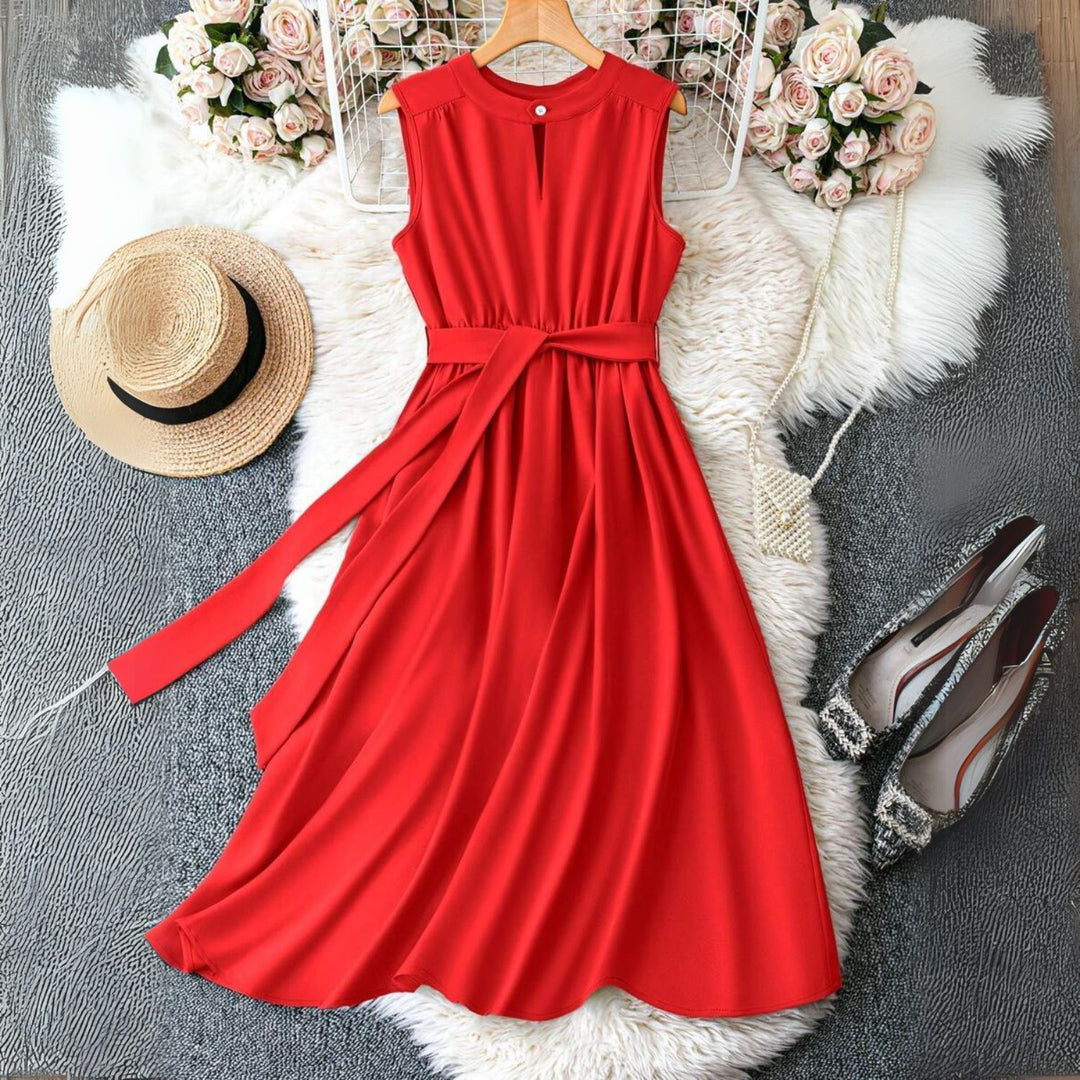 Women's Keyhole Neck Belted Midi Dress