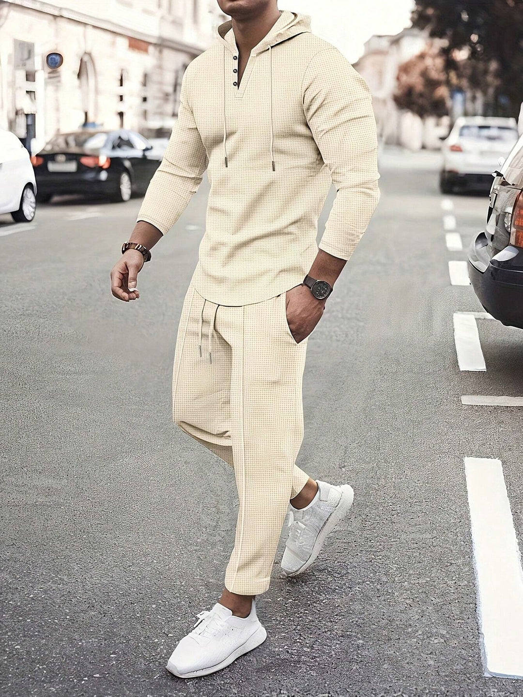 Men's Check Pattern Hooded Tracksuit Set