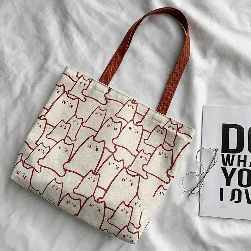 Women's Cartoon Cat Canvas Tote Bag