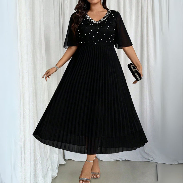 Elegant Faux Pearl Pleated Midi Dress