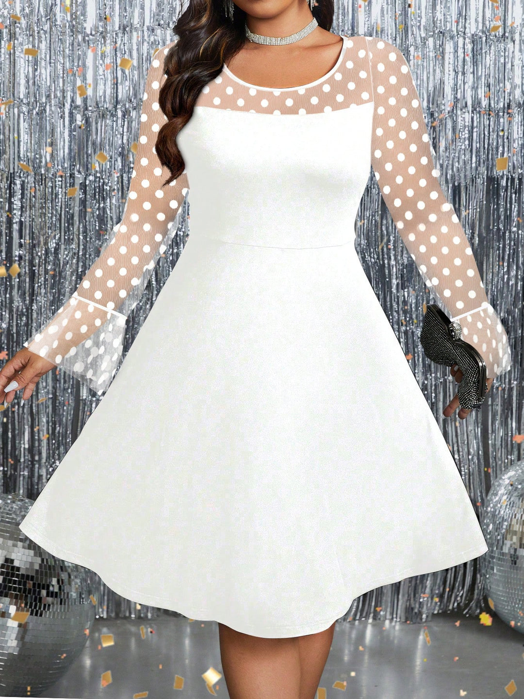 Elegant Polka Dot Mesh Flare Sleeve Dress