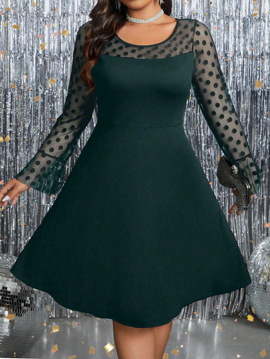 Elegant Polka Dot Mesh Flare Sleeve Dress