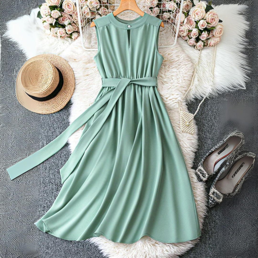 Women's Keyhole Neck Belted Midi Dress