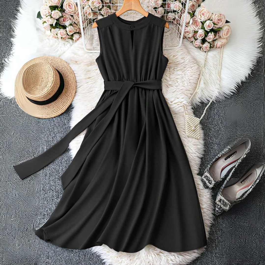 Women's Keyhole Neck Belted Midi Dress