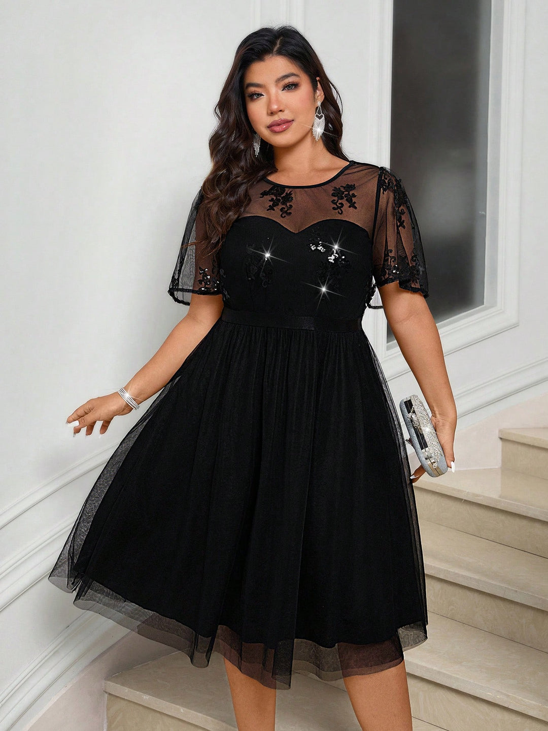 Black Mesh Sequin Embroidered Midi Dress