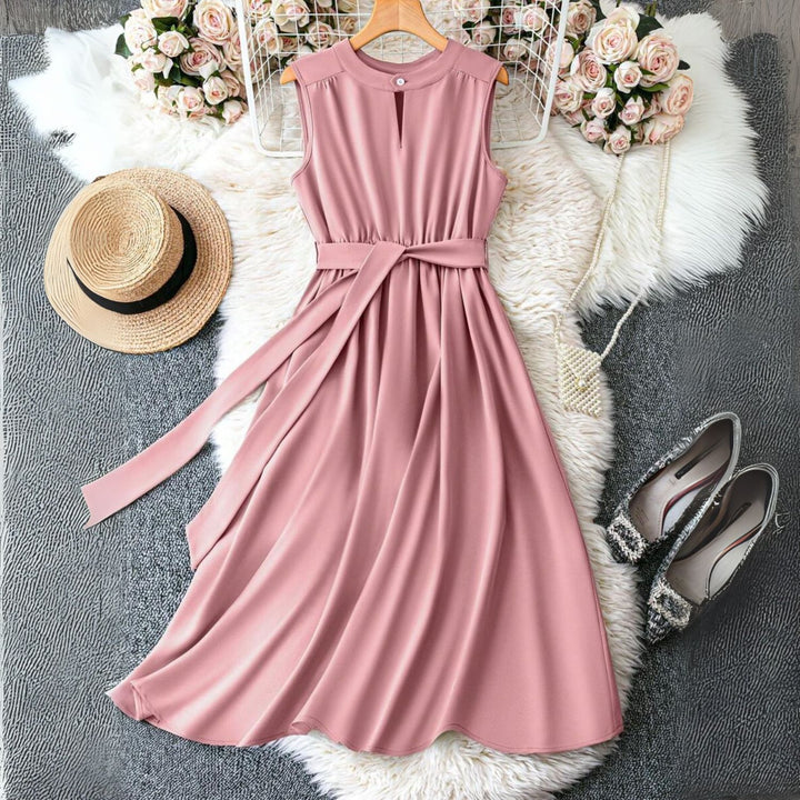 Women's Keyhole Neck Belted Midi Dress