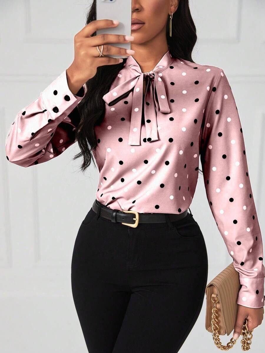 Ladies Polka Dot Tie Neck Blouse