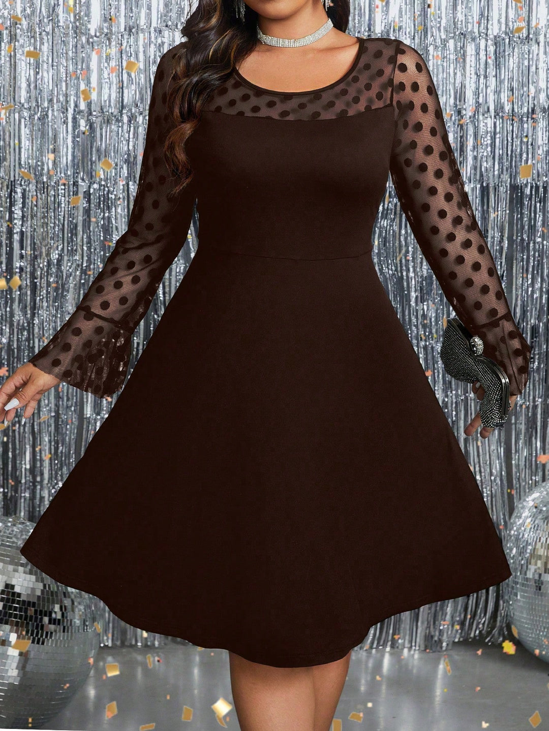 Elegant Polka Dot Mesh Flare Sleeve Dress