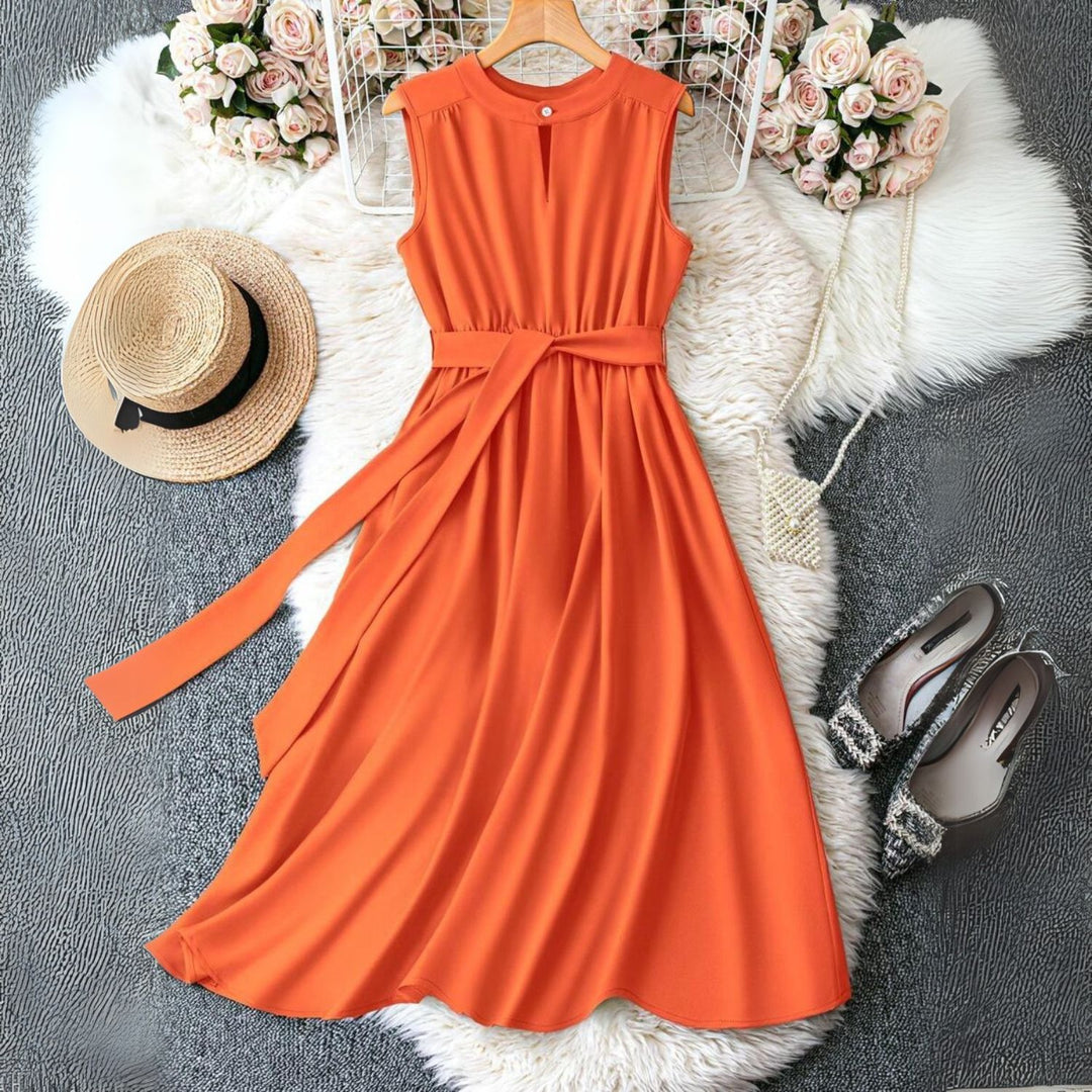 Women's Keyhole Neck Belted Midi Dress