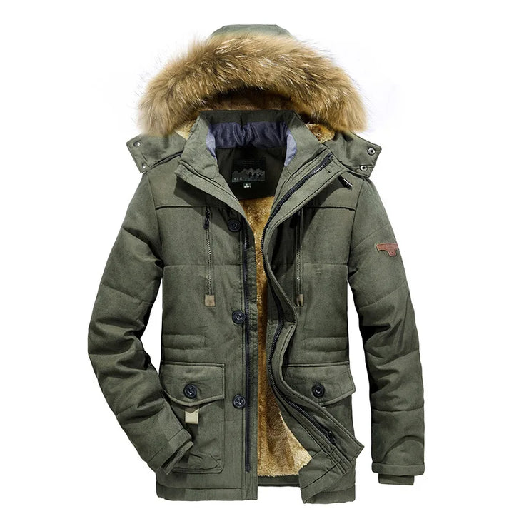Green winter jacket with fur-lined hood on a white background