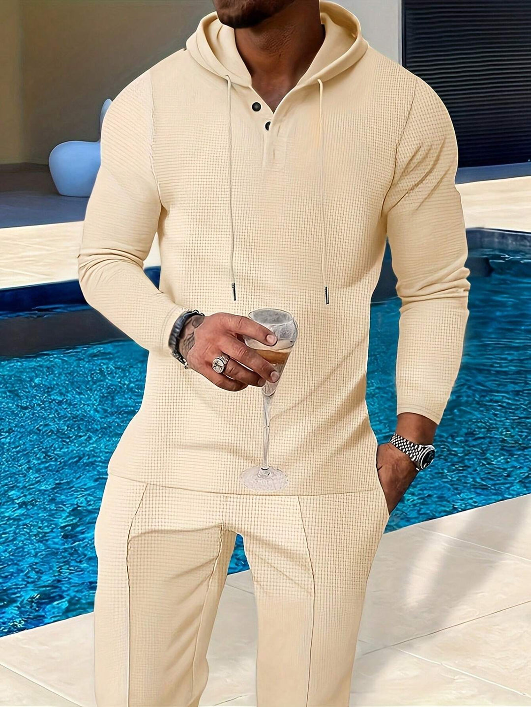 Men's Check Pattern Hooded Tracksuit Set