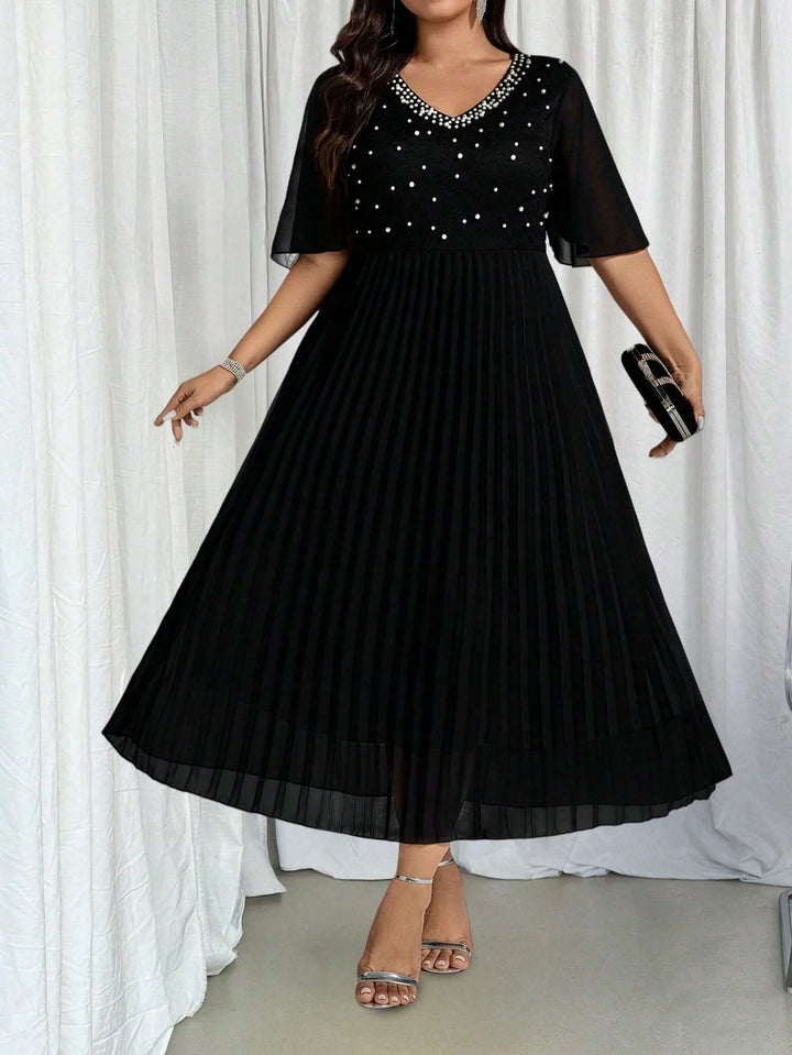 Elegant Faux Pearl Pleated Midi Dress