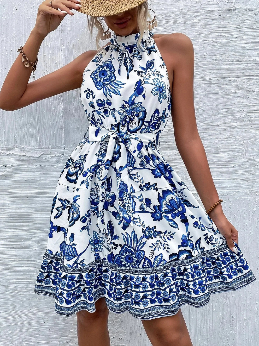 Women's Floral Print Halter Mini Dress