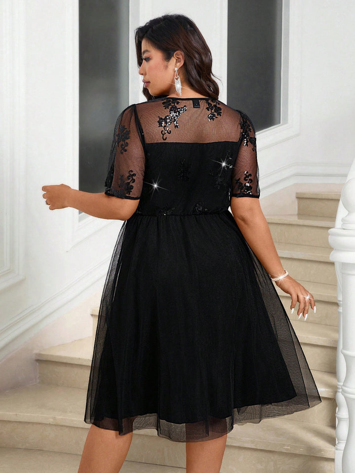Black Mesh Sequin Embroidered Midi Dress