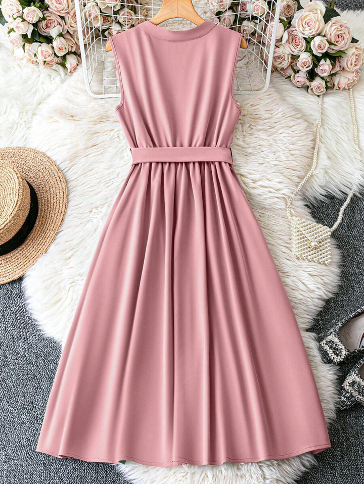 Women's Keyhole Neck Belted Midi Dress