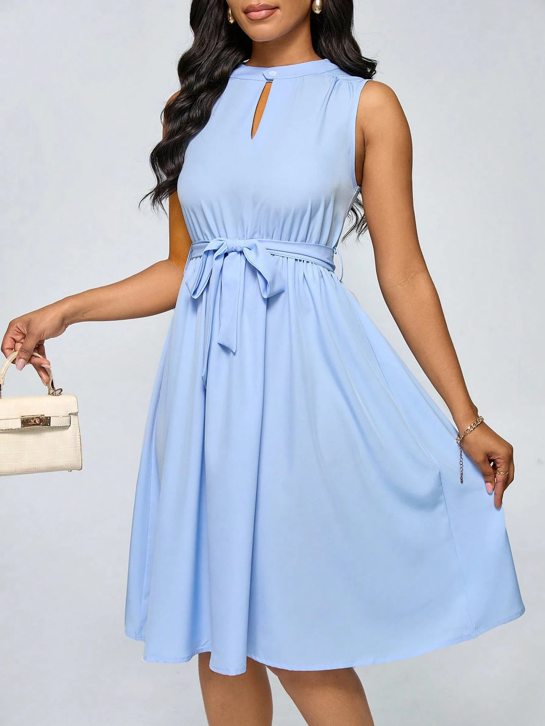 Women's Keyhole Neck Belted Midi Dress