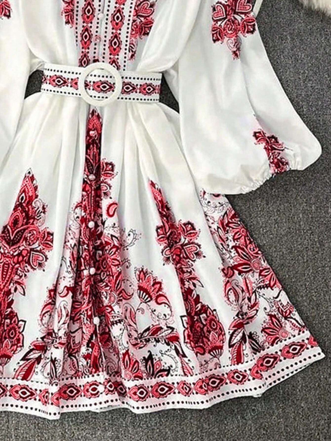 Boho Print Belted V-Neck Dress