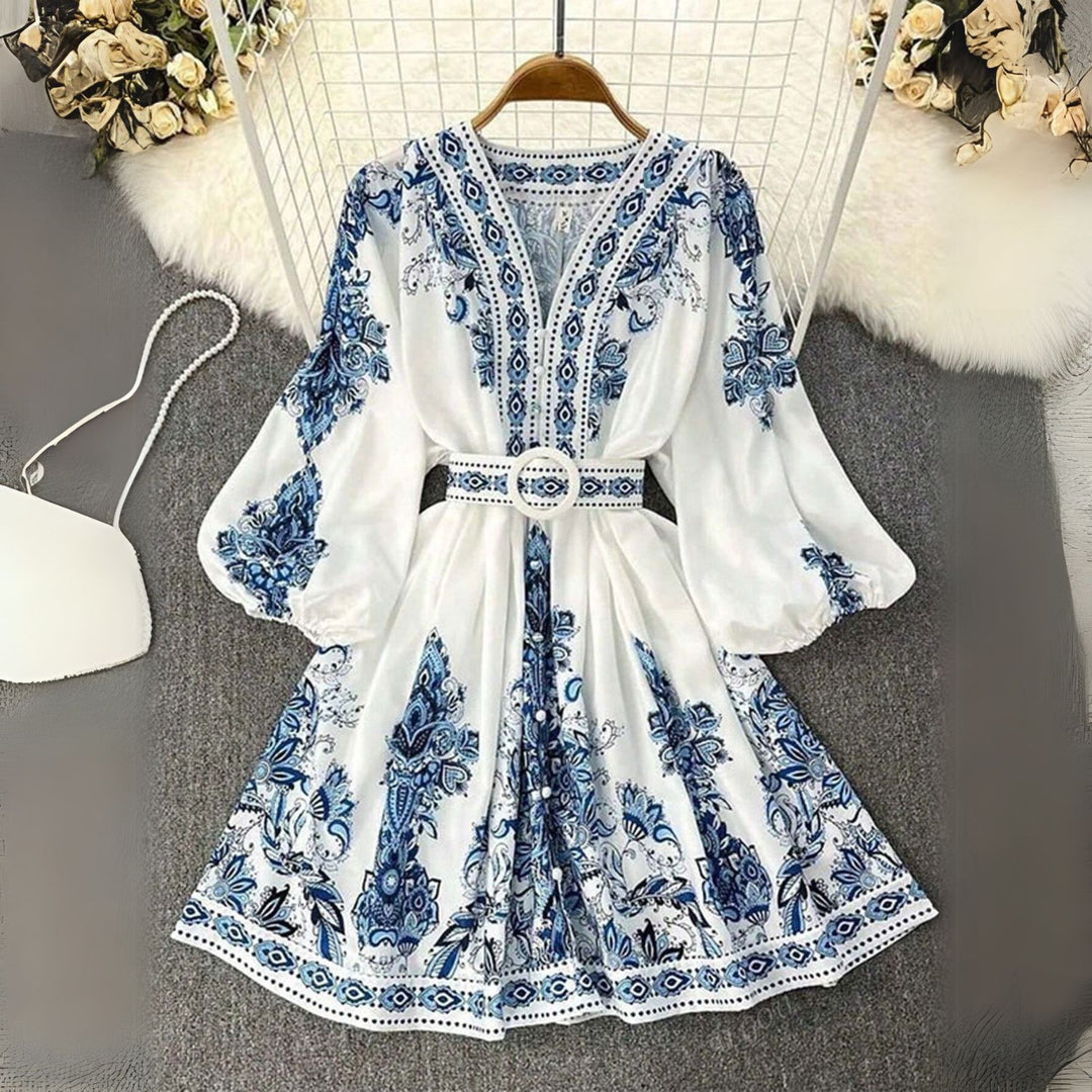 Boho Print Belted V-Neck Dress