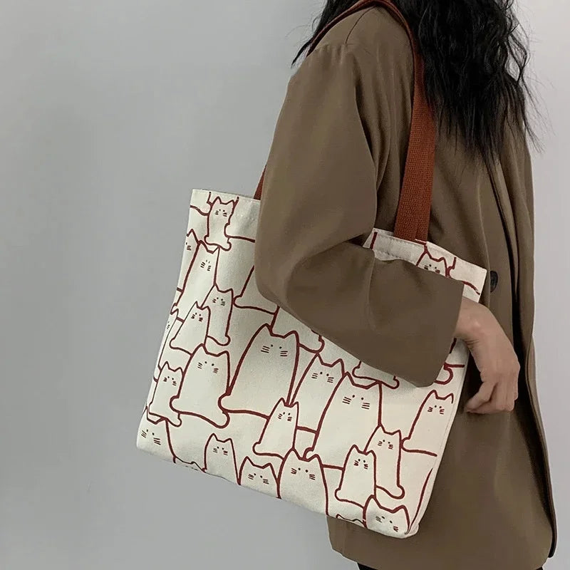 Women's Cartoon Cat Canvas Tote Bag