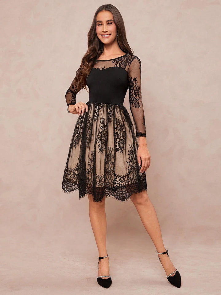 Women's Lace Contrast A-Line Mini Dress