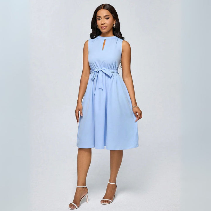 Women's Keyhole Neck Belted Midi Dress