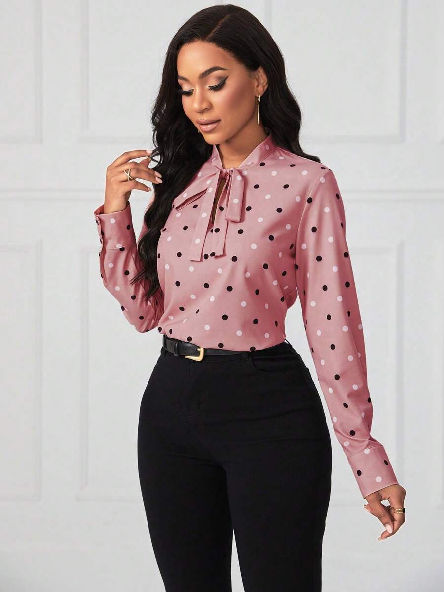 Ladies Polka Dot Tie Neck Blouse