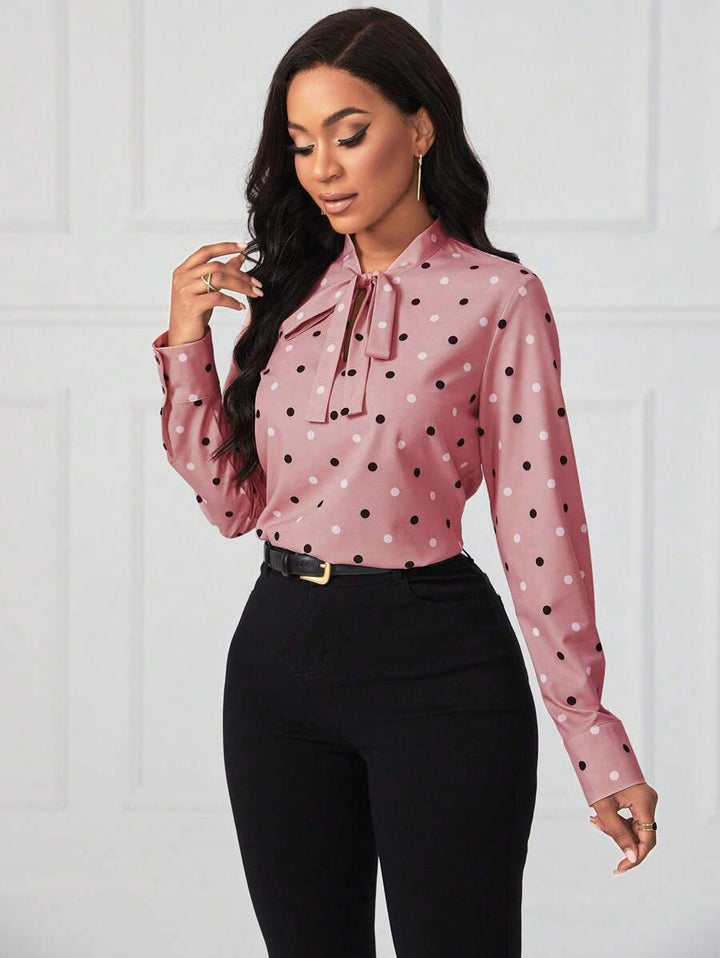Ladies Polka Dot Tie Neck Blouse