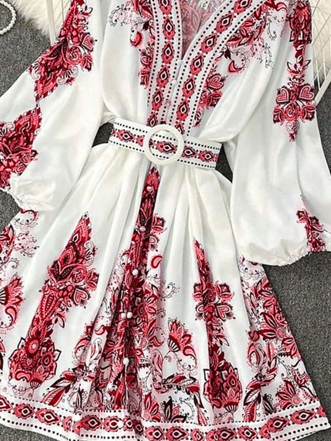 Boho Print Belted V-Neck Dress