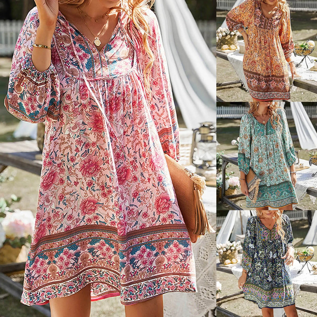 Women's Boho Floral Print V-Neck Dress